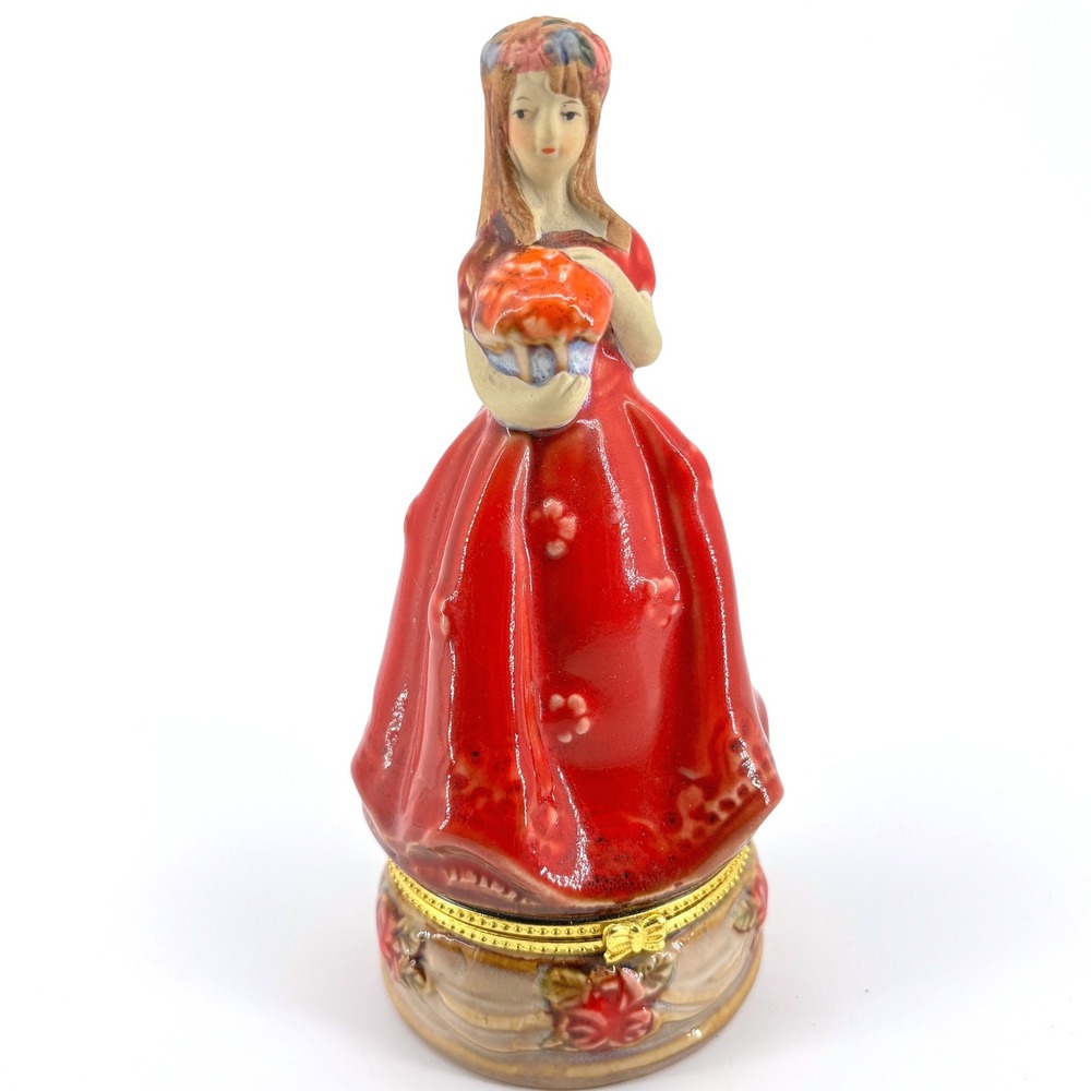 Victorian Lady Hinged Trinket Box Red Dress Flower Basket Porcelain 5.5" Vtg